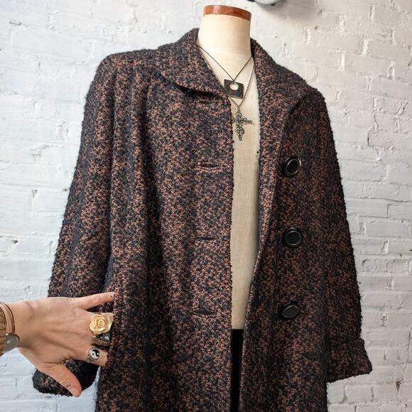 Vintage Black Rusty Fuzzy Wool Trench Coat Preppy Knit Boucle Boho Breezy Jacket - Picture 5 of 12